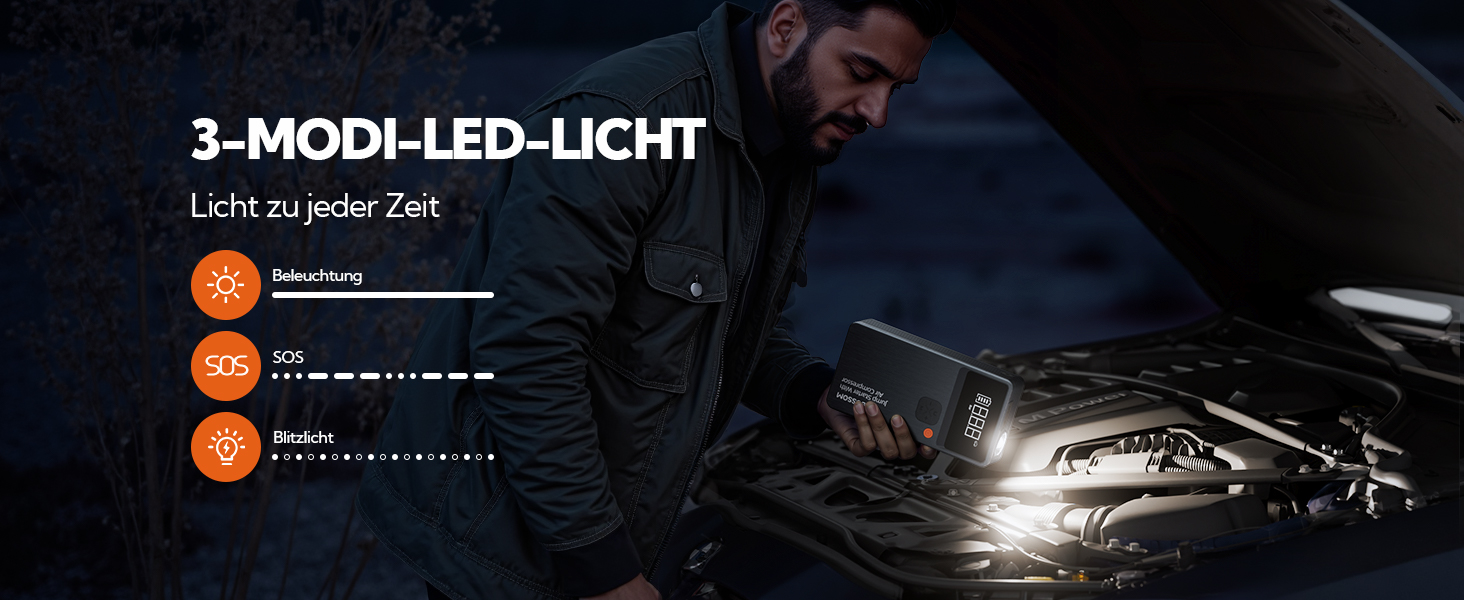 Бустер-пусковий пристрій для авто JC8 8000mAh 7-в-1: портативний компресор, Powerbank, LED-ліхтарик та USB-C зарядка, автомобільний jump starter