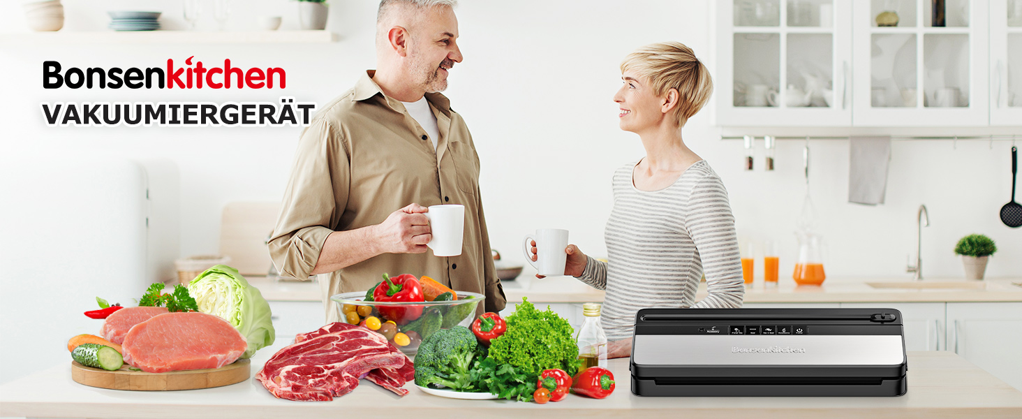 Вакууматор для продуктів Bonsenkitchen для сухих та вологих продуктів з вбудованим різачем, чорний (комплект з рулоном та пакетами)