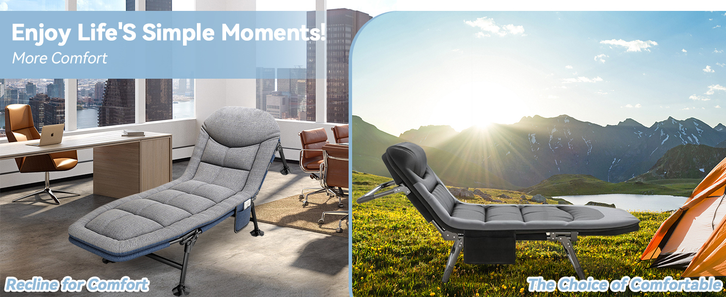 Розкладне кемпінгове ліжко-шезлонг XXL чорне, посилене польове ліжко з регульованою спинкою для відпочинку, рибалки та саду