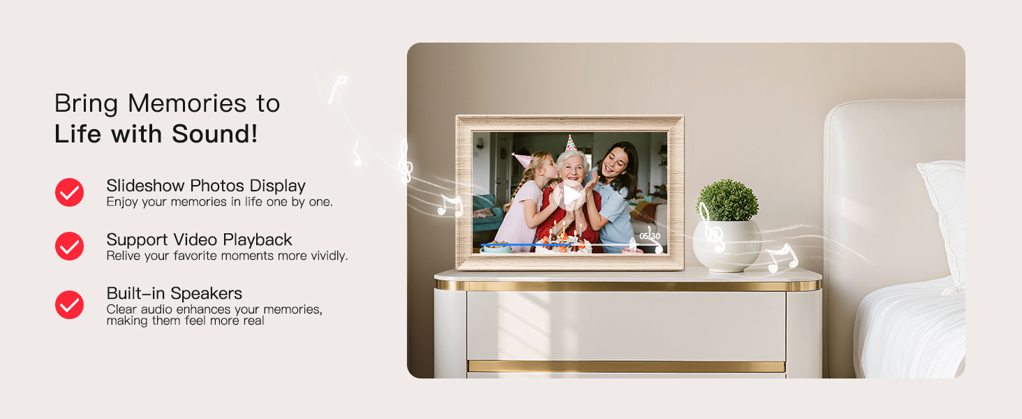 Frameo Цифровий фоторамка 10.1 дюймів, HD 1280*800 IPS сенсорний екран, 32GB пам'ять, автоповорот, Frameo App для обміну фото та відео, білий дерев'яний масив