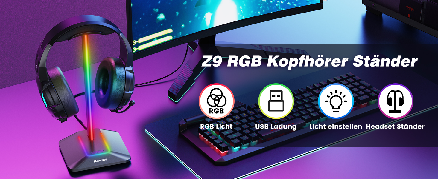 Нова підставка для навушників bee RGB з бездротовою зарядкою, USB і 7 світловими ефектами, чорний