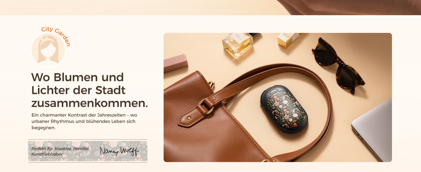 Електричні грілки для рук Ocoopa 2 шт. з магнітною основою, 5000mAh, 3 режими нагріву, компактні, для рукавичок, сумок, зимові аксесуари, подарунок для чоловіків та жінок (Lila_Weiß, Painted in Bloom (Ocoopa x Artist in Bloom)_Schwarz)