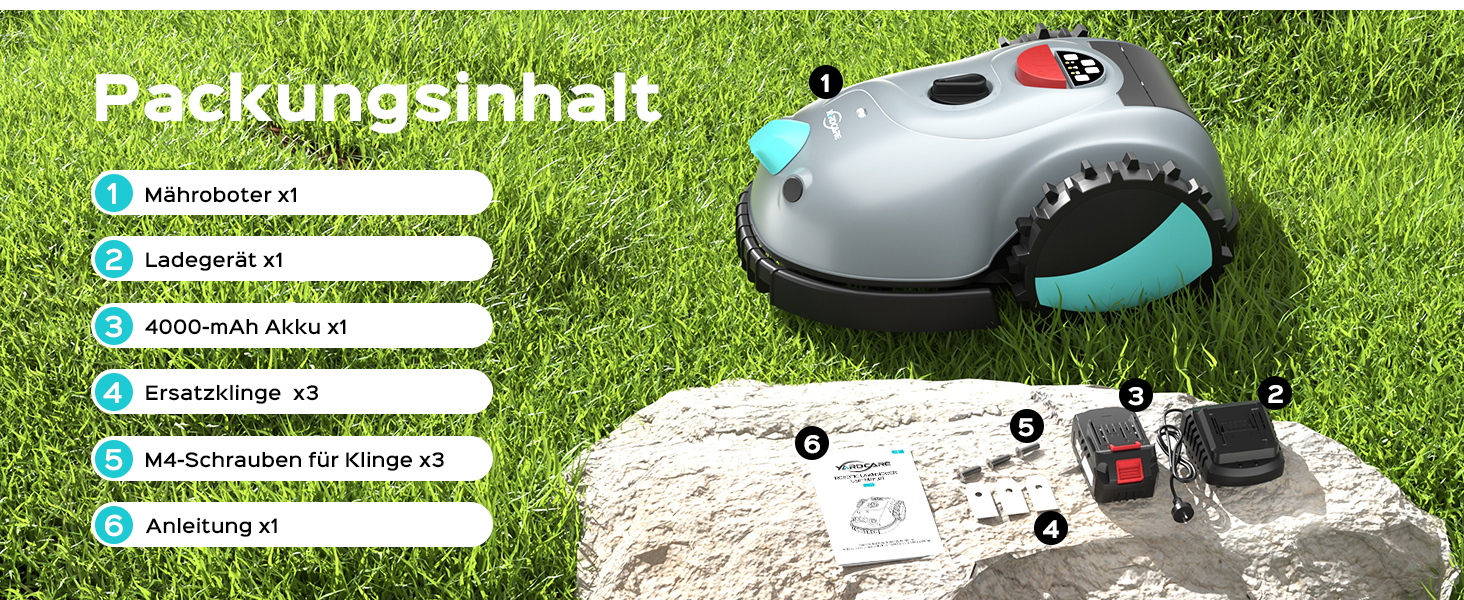 Робот-газонокосачка V100 без обмеженого кабелю з камерою, уникнення перешкод, навігація Vision, акумулятор 4 Ah, 150㎡, запасні леза, спіральне косіння (світло-сірий)