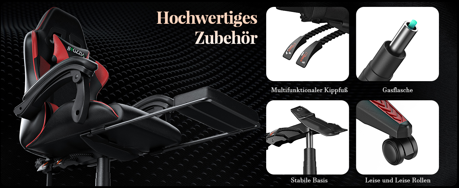 Ігровий крісло Bigzzia з масажем та підставкою для ніг, ергономічне, регульована спинка 90-135°, з подушками для голови та попереку (Червоний)