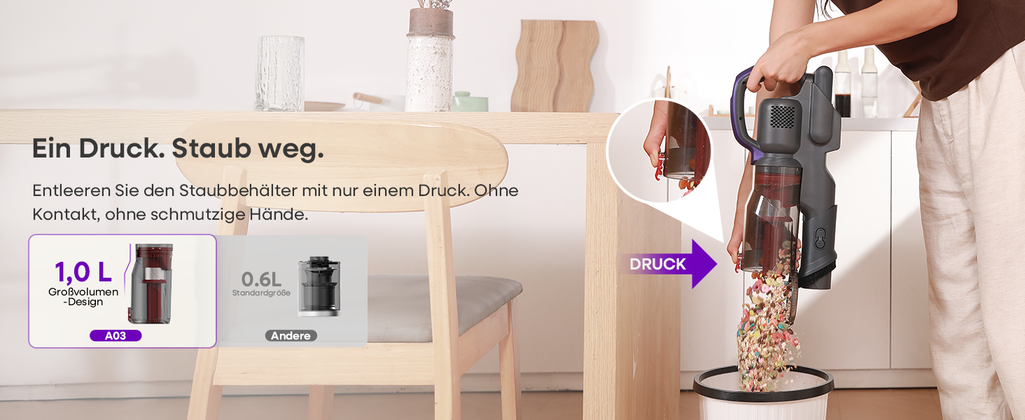 Акумуляторний бездротовий пилосос AlloyMove A03 Lila: 45000Pa, 450W, 60 хвилин, LED, для тварин, килимів, твердих поверхонь