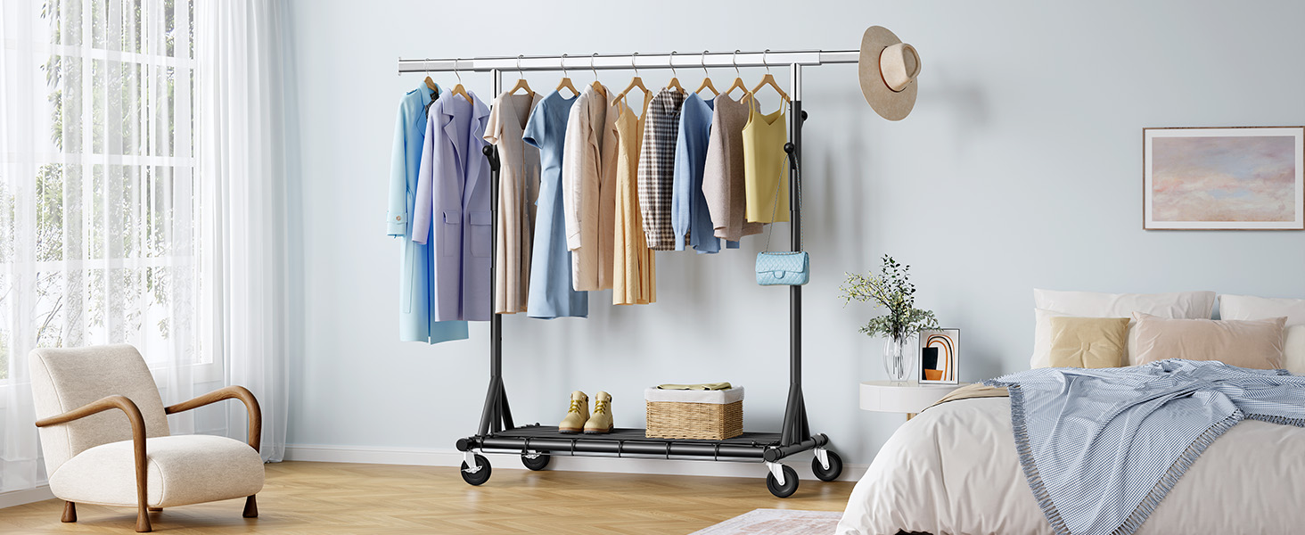 Стійка для одягу на колесах FAVOOOSTY, металева, мобільна, до 200 кг, чорна, 1 перекладина