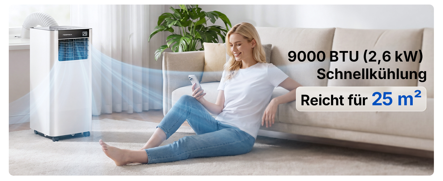 Мобільний кондиціонер 9000 BTU 2.6 кВт з шлангом + APP-керування | 3-в-1 для кімнат до 25 м²