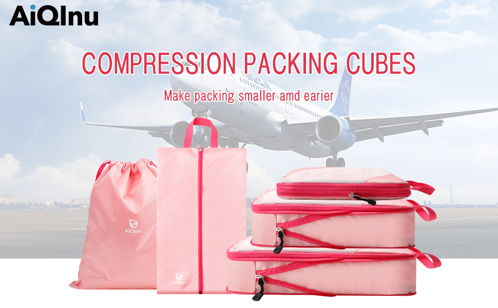 Набір компресійних органайзерів для подорожей AiQInu (5 шт.), ультралегкі сумки для пакування одягу в валізу з мішком для взуття та прання, рожеві