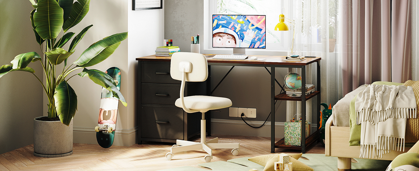 Комп'ютерний стіл Coleshome з ящиками з тканини, 130x48 см, з 2 розетками та 2 USB-портами, з полицею, для офісу/вітальні, коричневий, 130x48x75.7 см