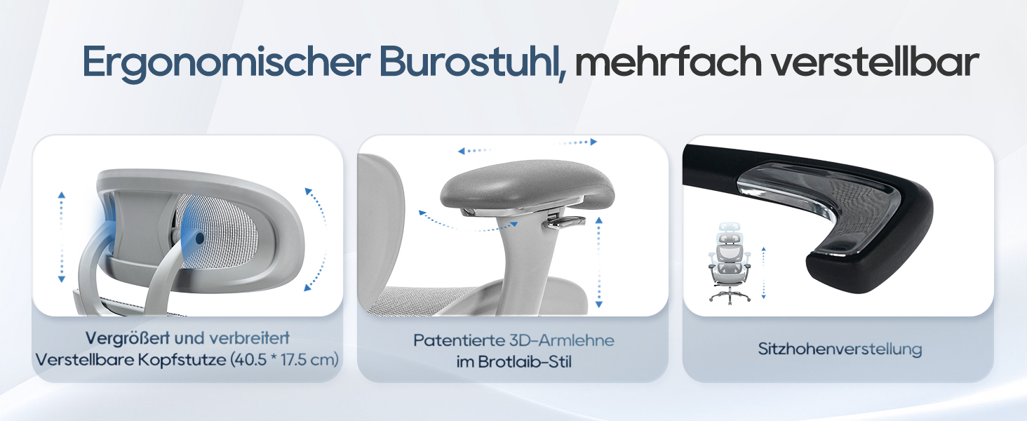 Органічний офісний крісло Colamy з підніжкою, 3D-підлокітниками, підголовником, підтримкою попереку та дихаючою сіткою – крісло для офісу та дому (Сірий)