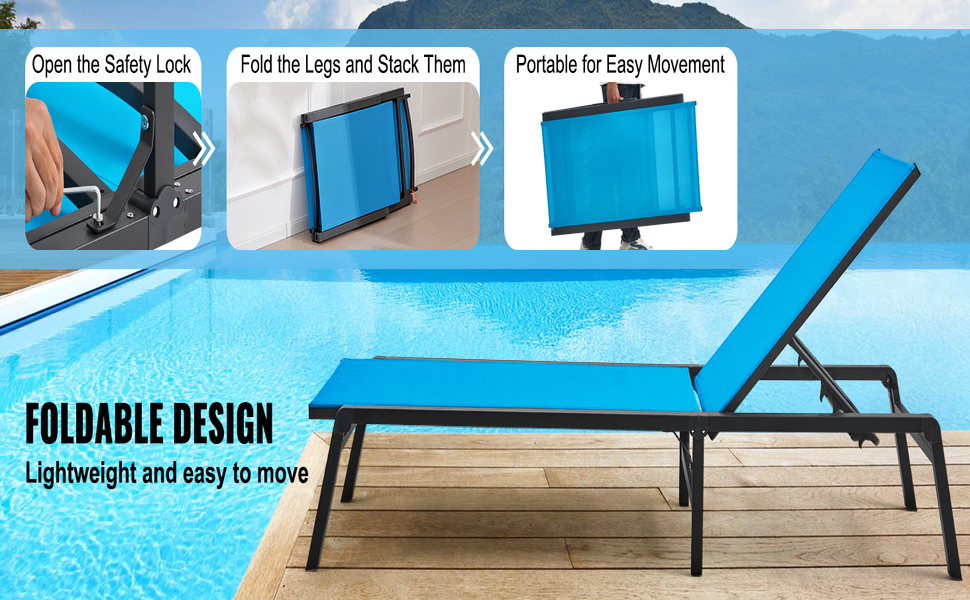 Лежак для відпочинку VEVOR, 182x60x88 см, блакитний, з регулюванням положення, для саду, тераси, пляжу, басейну