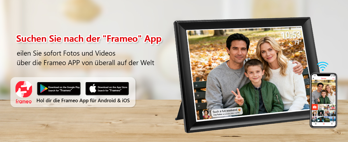 FRAMEO Цифровий фоторамка 15.6" WiFi, IPS, FHD 1920x1080, 32GB, сенсорний екран, автоповорот, для стін, віддалений доступ через додаток FRAMEO