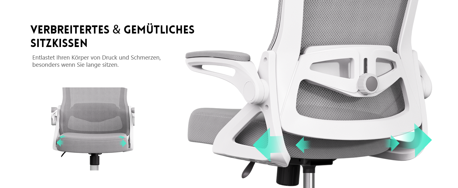 Ергономічне крісло для офісу та геймінгу, широке сидіння, регульовані підлокітники, біло-сіре, 90° підйом підлокітників