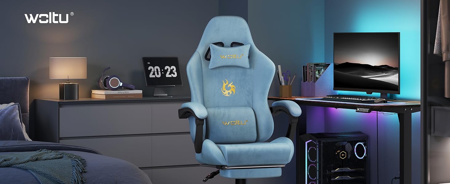 Ігровий крісло WOLTU з регульованою спинкою, обертовий офісний крісло з підлокітниками, підставкою для ніг, поперековою підтримкою, підголівником, блакитний