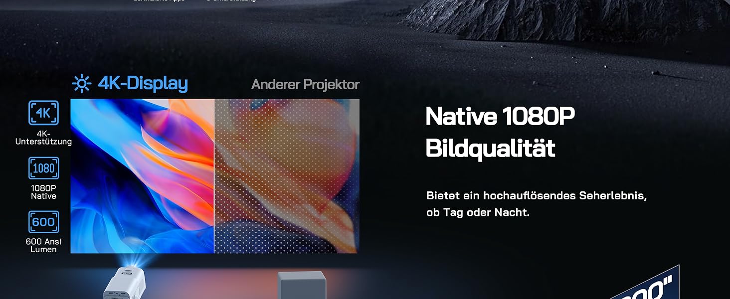 WOLFANG Міні проєктор 4K з Netflix, 26000 люмен, WiFi 6, Smart, 50% Zoom, 180° обертання, сумісний з TV Stick, iOS, Android, PC, PS5, HDMI, AV