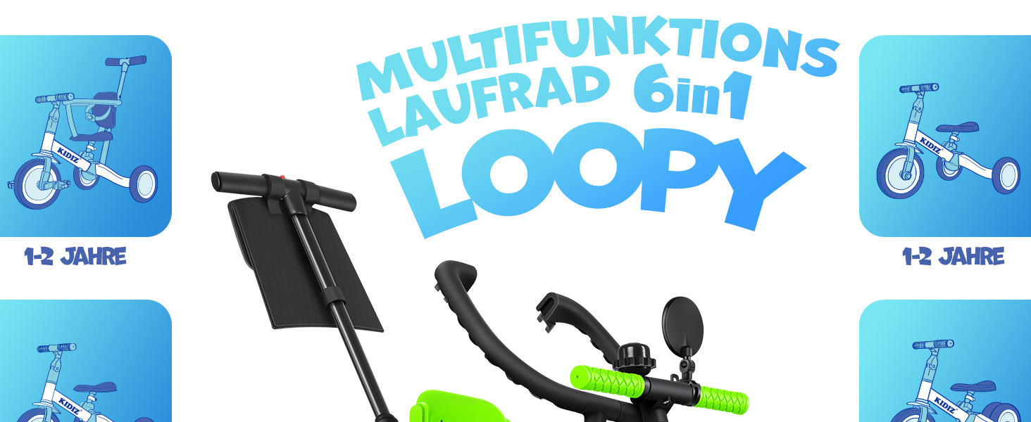 Біговел-триколіс KIDIZ 6-в-1 для дітей від 1 до 5 років (до 25 кг), чорний: з ручкою, захисним бампером, ременем безпеки, дзвінком та дзеркалом