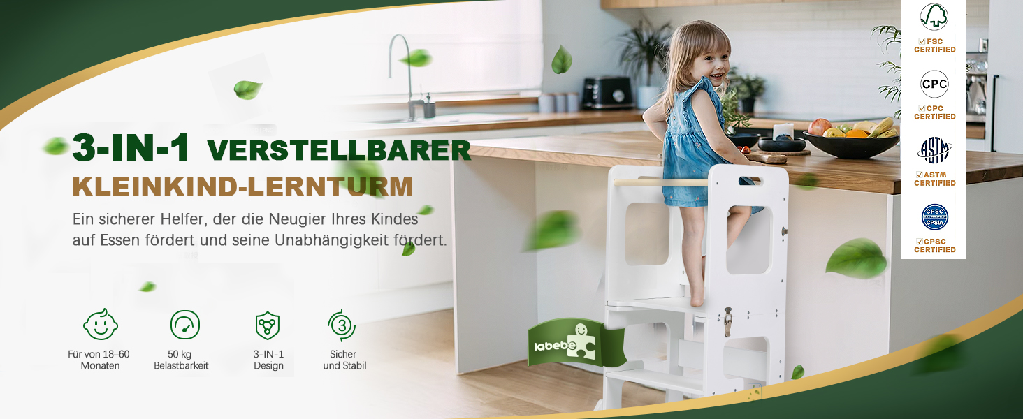 Дитяча стійка-помічник Labebe Montessori 3 в 1: складана навчальна вежа з дошкою для кухні та ванної, біла