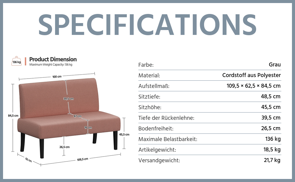 Диван-лавка Yaheetech для кухні/вітальні, 2 місця, без підлокітників, зелений/рожевий, м'який, оббивка з корду