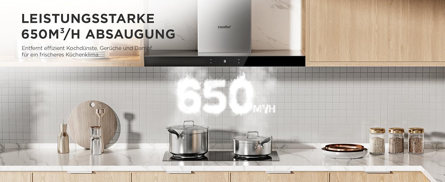 Витяжка кухонна COMFEE' CH60J72ET6A3B 60 см, T-подібна, чорна, продуктивність 650 м³/год, сенсорне керування та керування жестами, LED-підсвітка, клас енергоефективності A+++