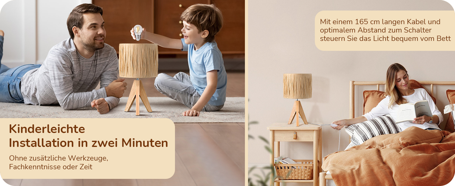 EDISHINE Настільна лампа з ручним плетінням, тепле світло 2700K, дерев'яний штатив, Boho стиль, для спальні, вітальні, готелю, з LED лампою E27 4W, абажур з ротангового паперу