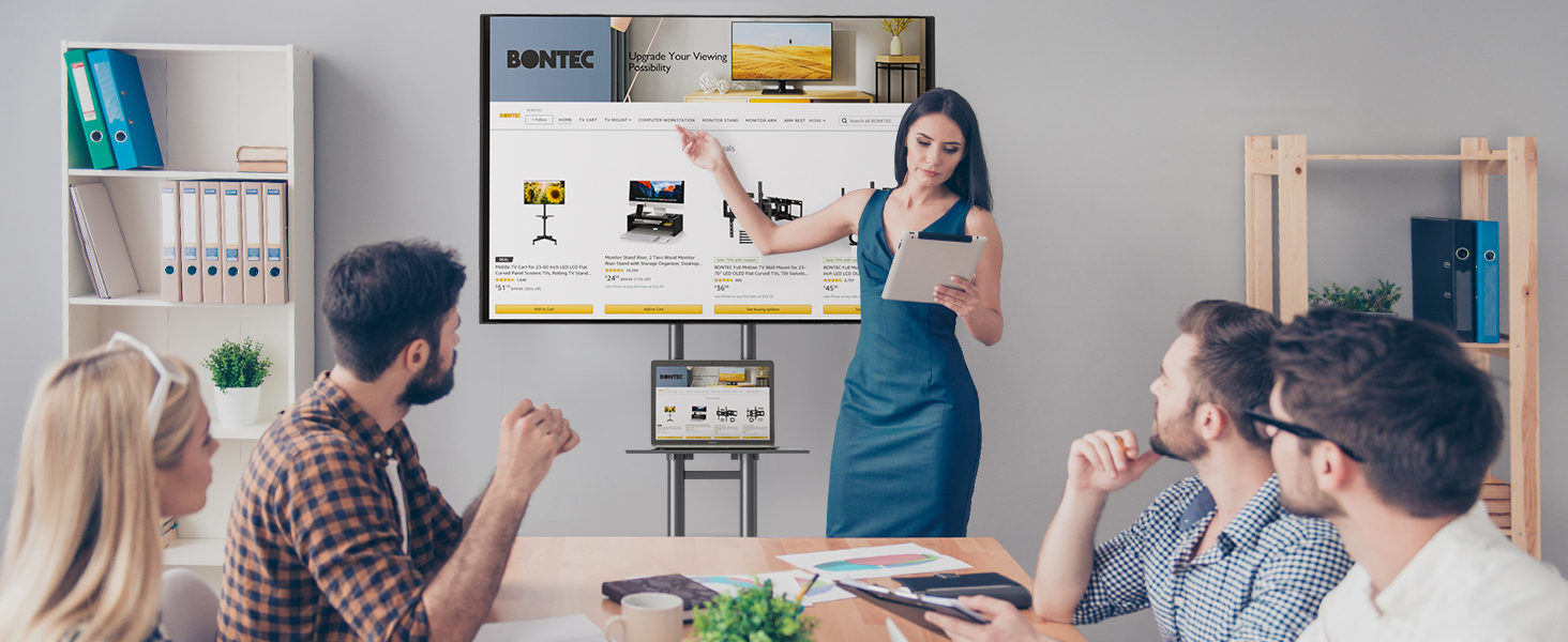 Тумба під телевізор BONTEC з колесами, регулюється по висоті для телевізорів 32-85 дюймів до 60 кг, VESA 600x400 мм