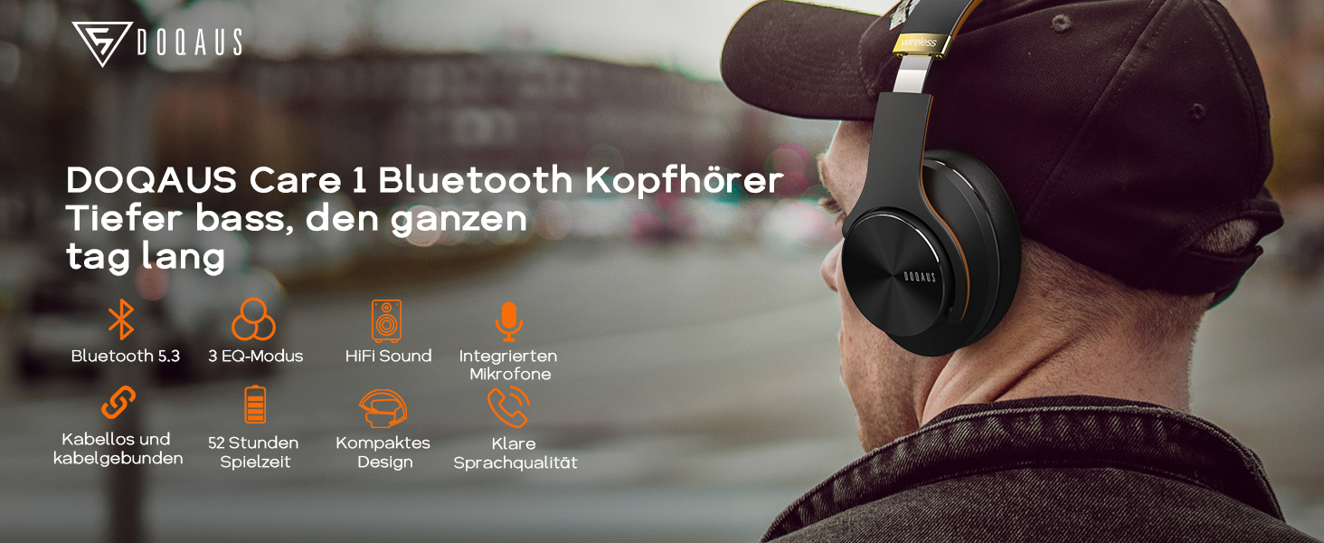 Накладні навушники DOQAUS Bluetooth, 90 годин, 3 режими еквалайзера, мікрофон, амбушури з пам'яттю Protein, чорний