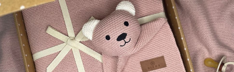 Оригінальна дитяча ковдра DIKOS CUDDLY Bear Dusty Pink 100 GOTS Органічна бавовняна ковдра для новонароджених з м'якою іграшкою В'язана ковдра Ковдра для обіймів Затишна ковдра Початкове обладнання Подарунки для дівчинки на народження