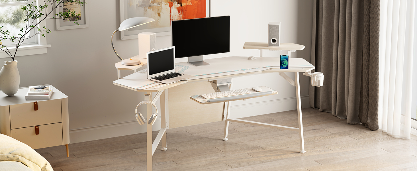 Ігровий стіл EUREKA ERGONOMIC 160x74 см з крилами, для ПК, з 2 відсіками для iPad, для дому, офісу, стрімінгу, білий акорн