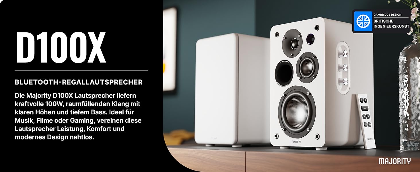 Активні Bluetooth-колонки Majority D100X 100W, вуглецеві драйвери, HDMI ARC, RCA, Optical, Phono, AUX, білі