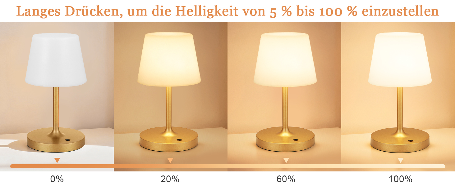 LED настільна лампа бездротова, торшер з сенсорним керуванням, лампа на акумуляторі з регулюванням яскравості та функцією пам'яті, для спальні, кафе, вулиці (золота)