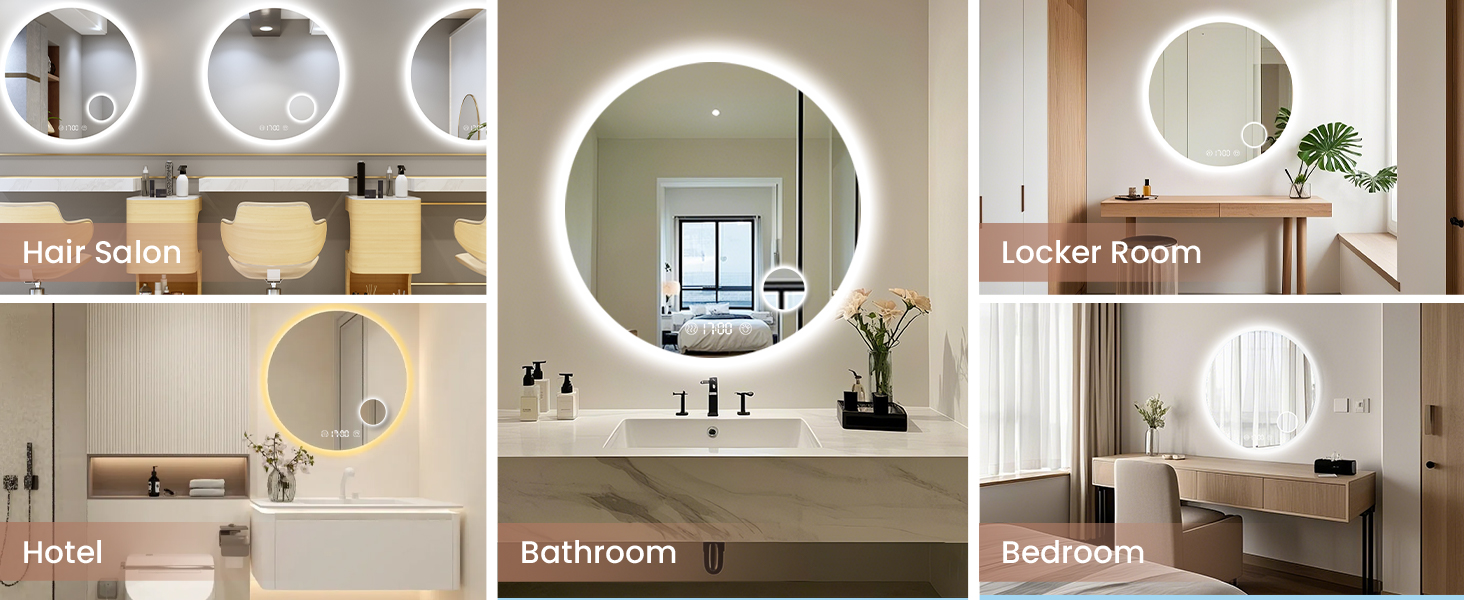 Дзеркало для ванної кімнати Habison з підсвічуванням 70x70 см, LED, з годинником та сенсорним вимикачем, регулювання яскравості, тепле/холодне/нейтральне світло, антизапотівання, 3-кратне збільшення