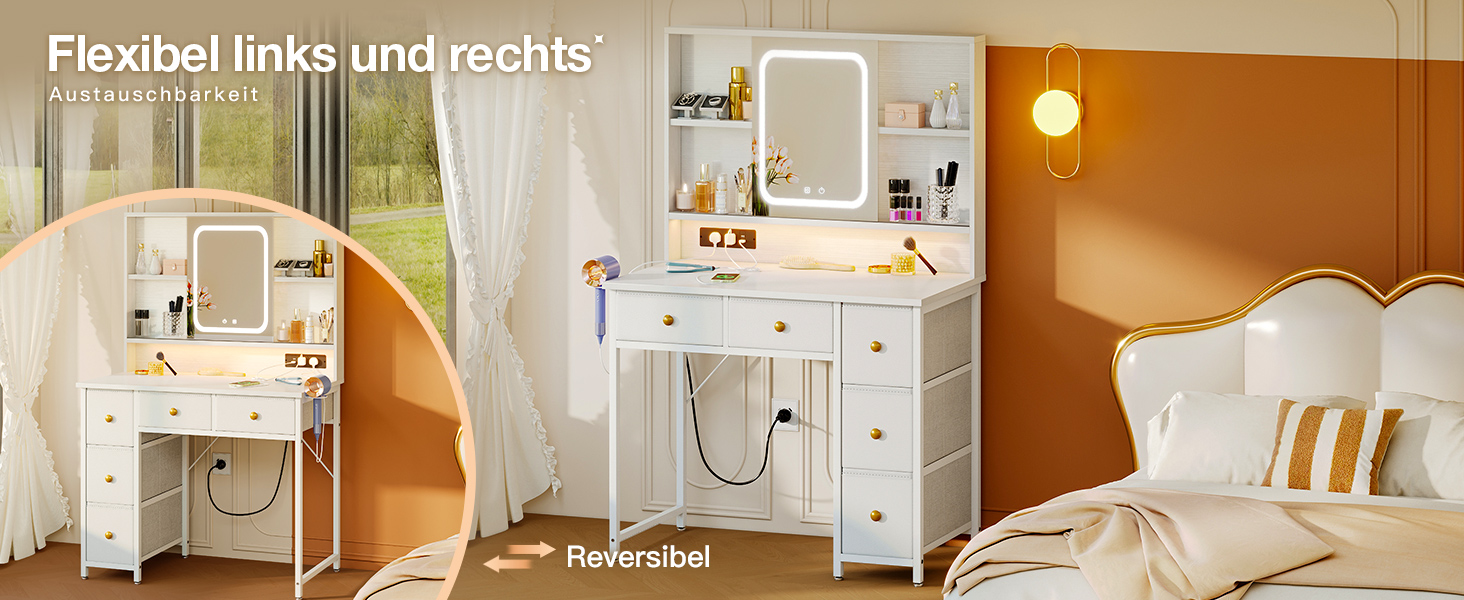 Дзеркальний туалетний столик ODK з регульованим LED-дзеркалом, USB-роз'ємами та RGB-підсвіткою, 5 висувними ящиками та 3 полицями, білий, 90×40×139 см