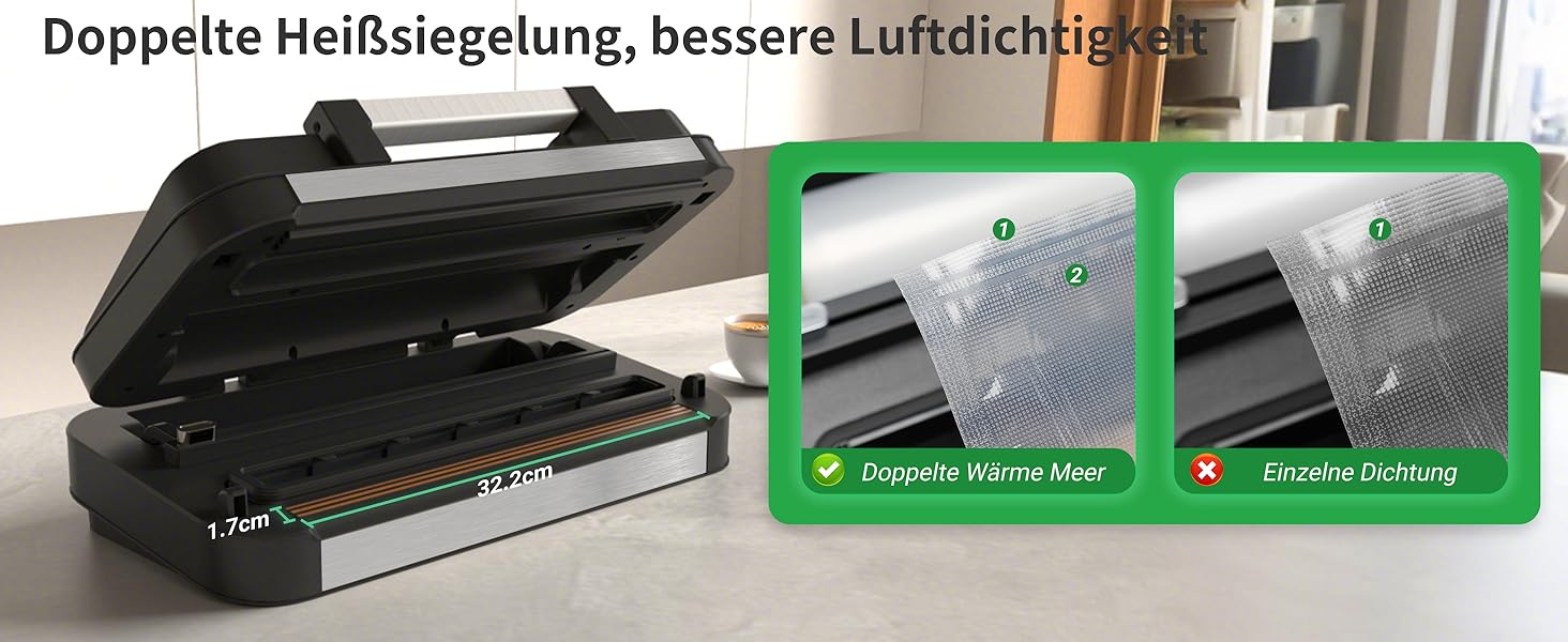 Вакууматор 10-в-1 для продуктів 95 кПа, вакуумний пакувальник з подвійною термозаваркою, вбудованим ножем та відсіком для пакетів, сталевий корпус, комплект з 2 рулонами