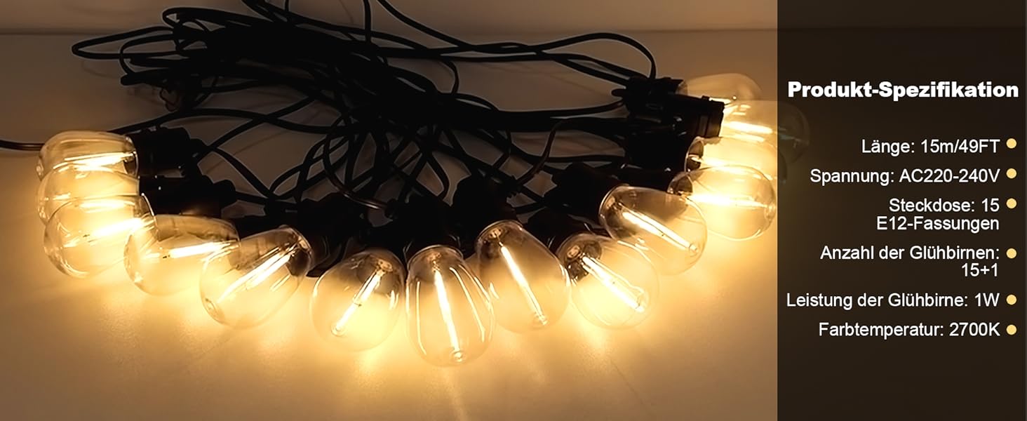 BRIMAX LED гірлянда для вулиці, 30м, 220-240V, IP44, 46+4 лампочки G40 E12 1W, 2200K, розширювана, для кемпінгу, ярмарку, саду, вечірки