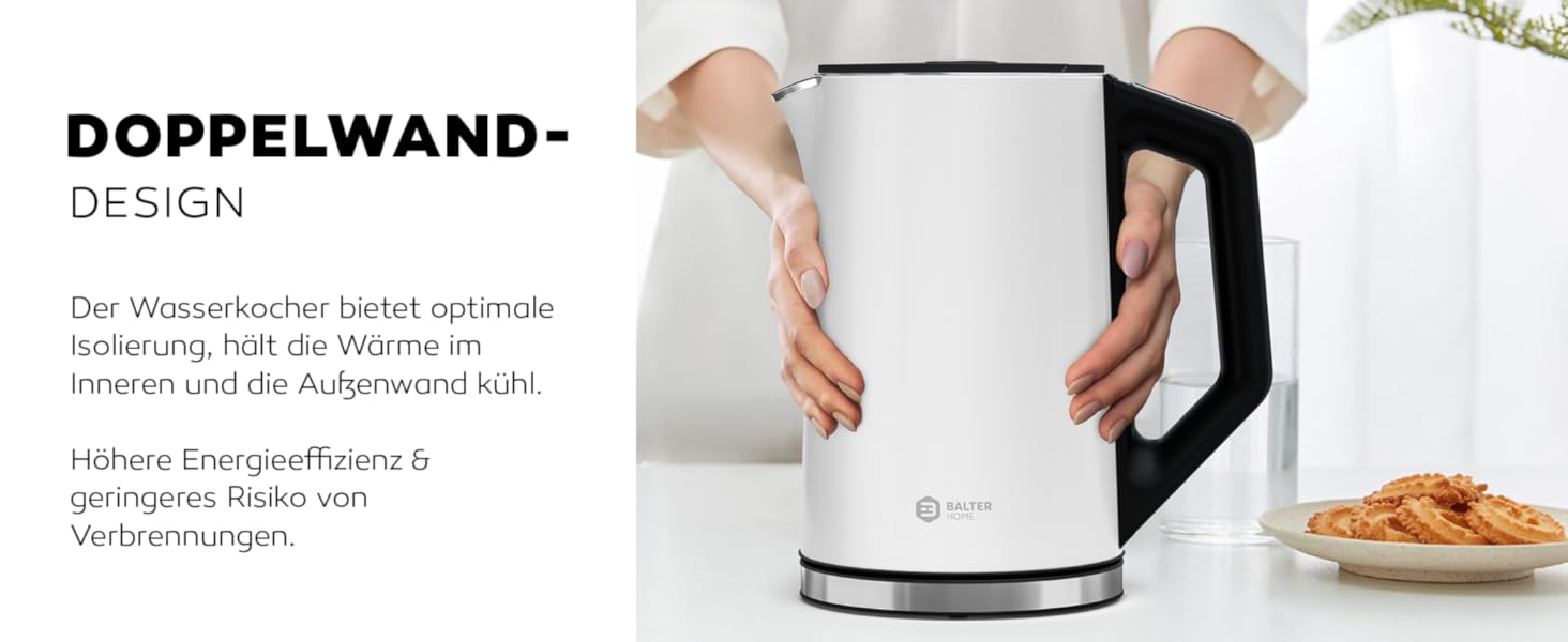 Електричний чайник BALTER з регулюванням температури, 40°C-100°C, подвійні стінки, без BPA, тихий та бездротовий, 1.5L, 2200W, білий