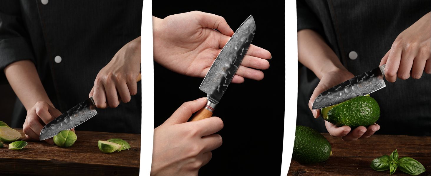 Японський ніж Santoku Wakoli Olive з дамаської сталі (серцевина VG10), 13 см – гострий та ергономічний – ніж з ручкою з оливкового дерева в подарунковій коробці, для овочів та фруктів