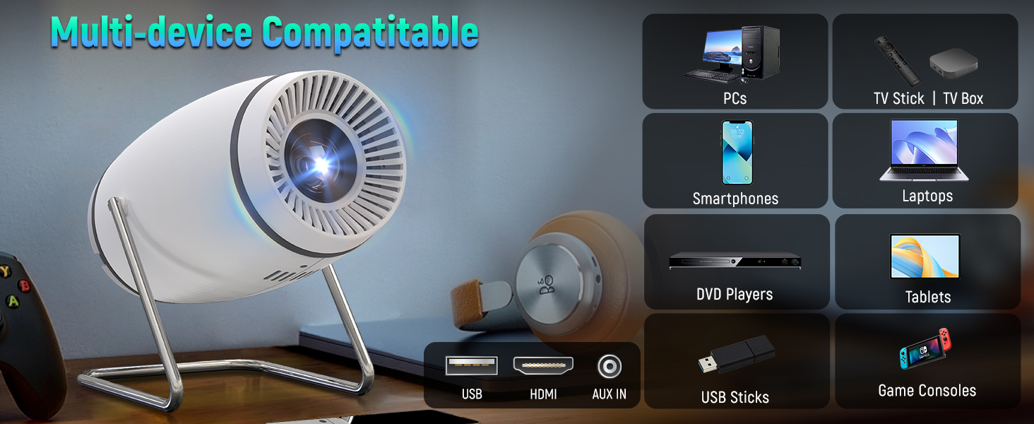 Портативний міні проєктор 4K з Wi-Fi 6 та Bluetooth 5.4: домашній кінотеатр з підтримкою HDMI, USB та PS5