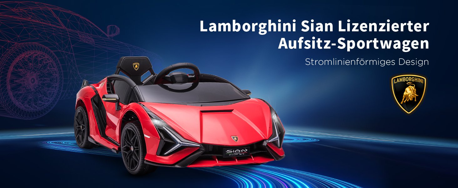 Електромобіль Lamborghini SIAN HOMCOM 12V для дітей, з пультом, музикою (MP3/USB), світлом, металевий, червоний, 108x62x40 см, для дітей 37-60 місяців