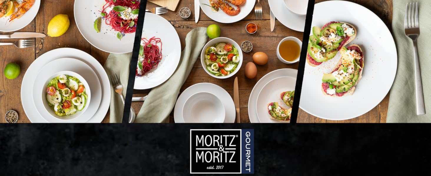Набір посуду Moritz & Moritz BASIC 18 предметів для 6 осіб - сучасний дизайн, якісне порцелянове покриття, білий колір. Включає: 6 тарілок для вечері, 6 десертних тарілок, 6 мисок.