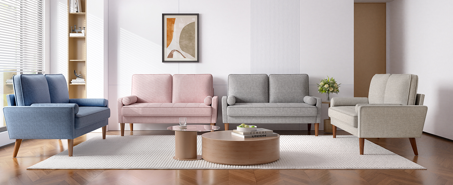 Диван Vesgantti 2-місний, 121 см, сучасний дизайн, 2 подушки, сірий льон для вітальні/квартири/офісу