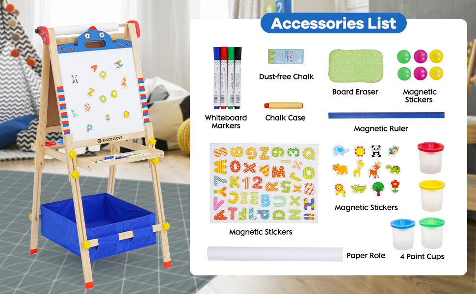Дитяча мольберт Kinder Staffelei з двома сторонами, регульована висота, з роликом для паперу, аксесуари, підставка для речей (робот)