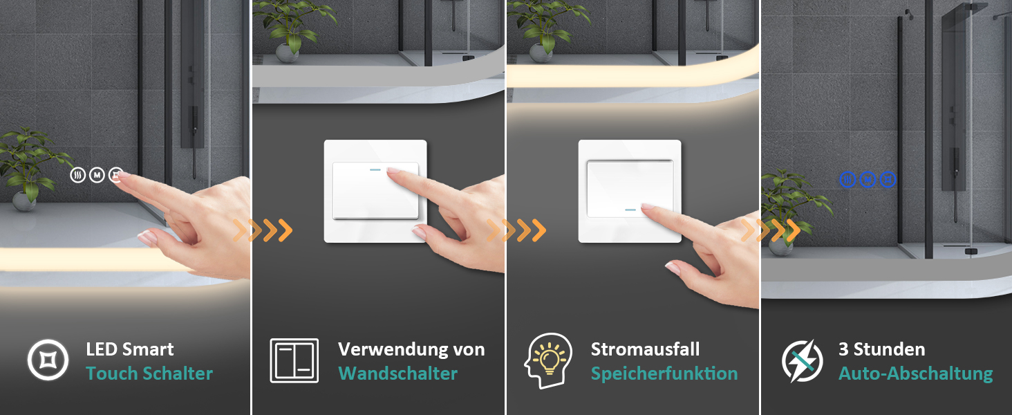 Дзеркало для ванної кімнати EMKE з підсвічуванням 80x60 см, сенсорне управління, антизапар, 3 кольори світла, регулювання яскравості, функція пам'яті, енергозберігаюче, овальне дзеркало