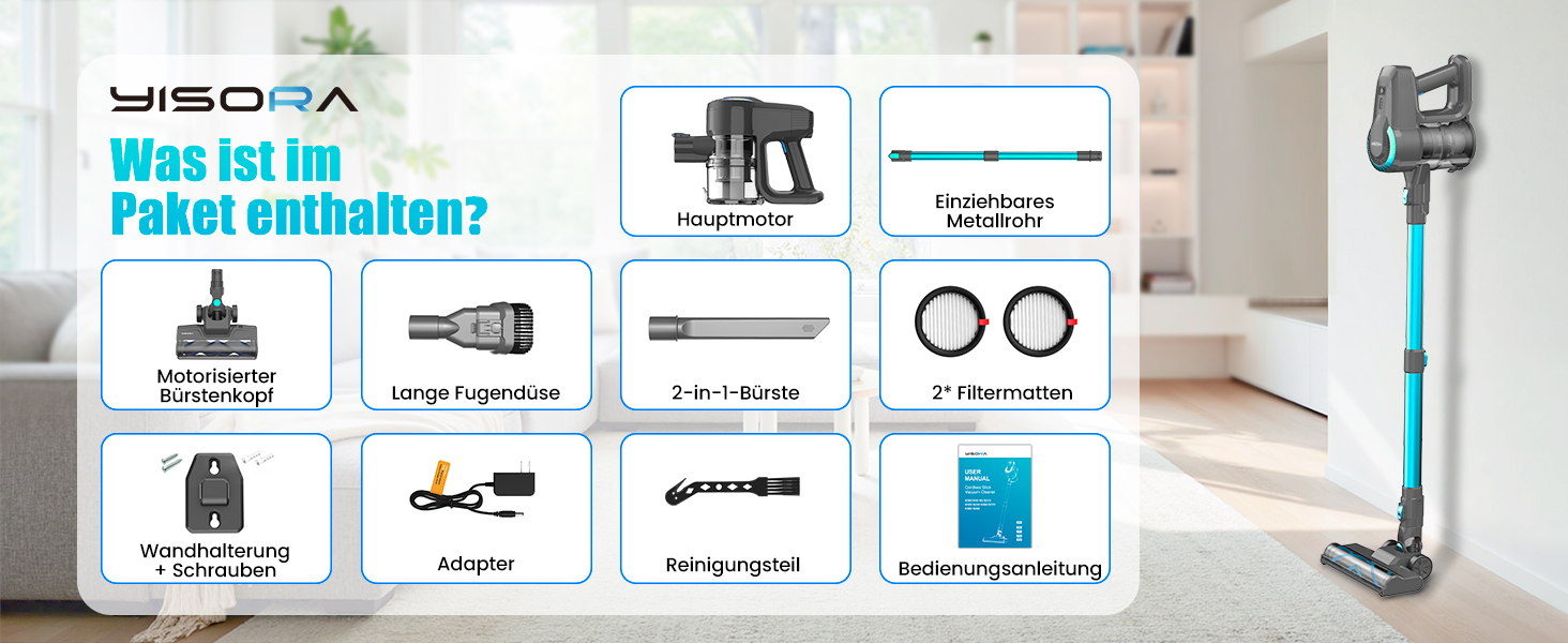 Бездротовий акумуляторний пилосос з потужністю 25000Pa, 175W, час роботи 50 хвилин. Бездротовий ручний пилосос з антизаплутувальною насадкою та самостійним паркуванням. Підходить для килимів, твердих підлог, видалення шерсті тварин. Колір: бірюзовий блакитний.