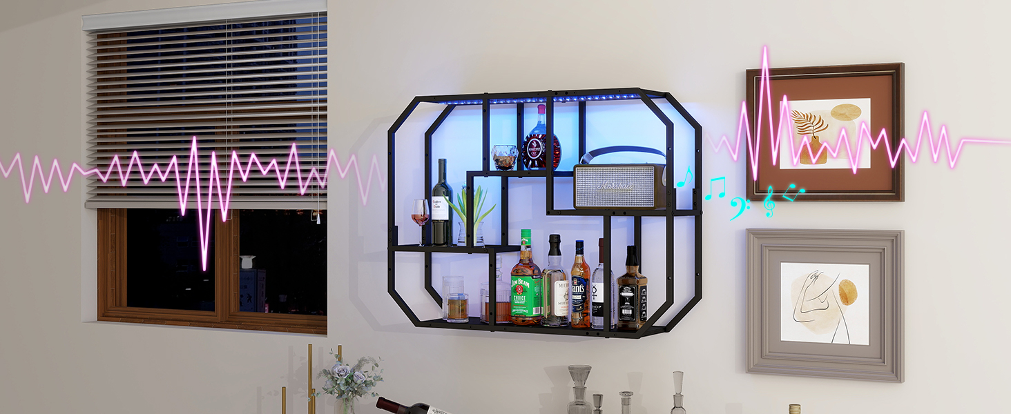 Підвісні полиці YU YUSING з RGB підсвічуванням 7 кольорів, геймерські полиці з 8 гачками, полиці для демонстрації, настінна вітрина з 2 скляними полицями, підвісна вітрина для спальні, кухні, бару, ігрової кімнати, шестигранна (чорний колір)