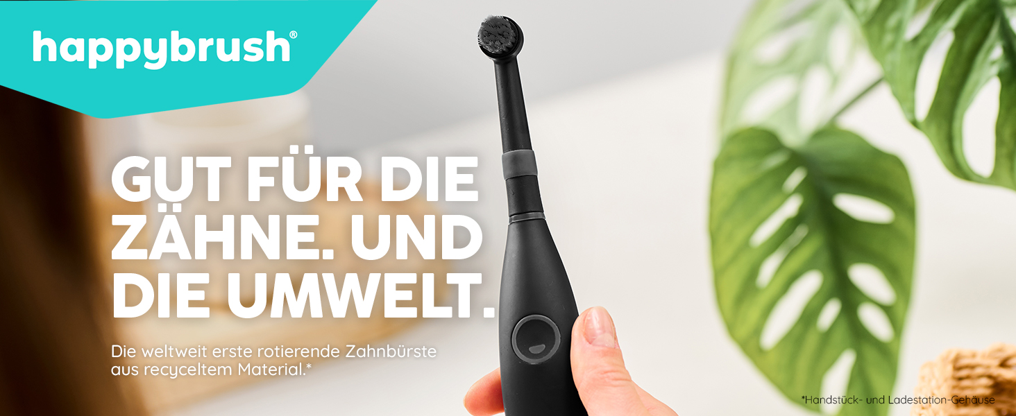 Електрична зубна щітка Happybrush Eco R2 - екологічна, з ротаційним механізмом, чорна, з 3 насадками та пастою. Рекомендовано експертами.