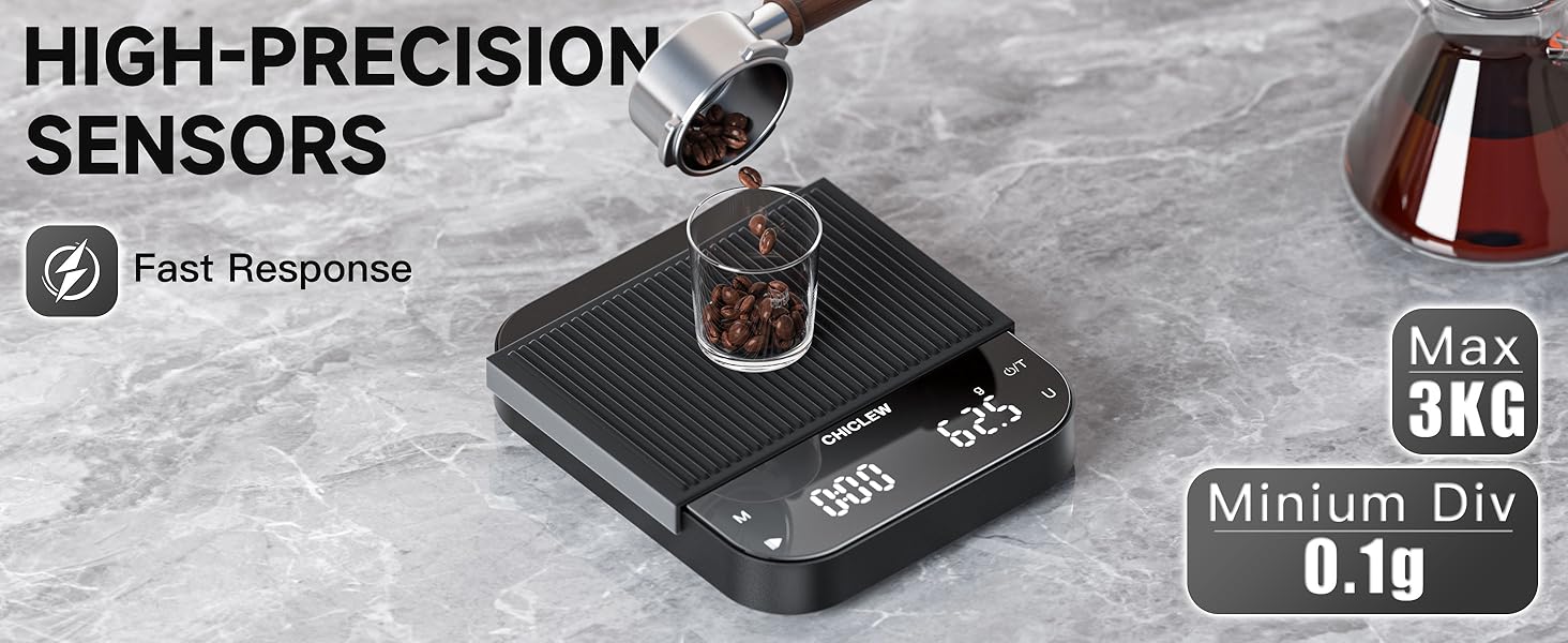 Електрична кавова вага CHICLEW з таймером, 3 кг/0,1 г, для еспресо та Pour-Over, 3 режими, 6 одиниць вимірювання, портативна, з датчиком сили тяжіння, чорна