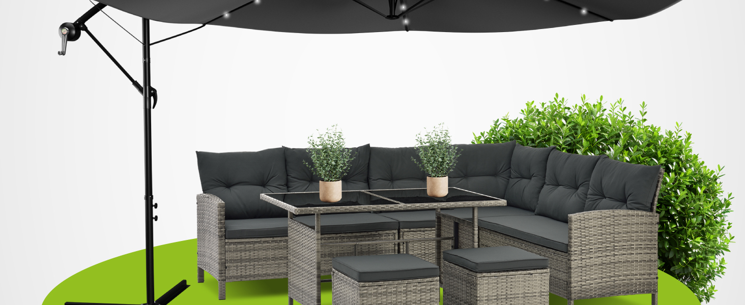 Парасолька від сонця Juskys Brazil 350 см з LED-підсвіткою, сонячною панеллю та ручкою, водовідштовхуюча, з UV-захистом, колір крем/сірий