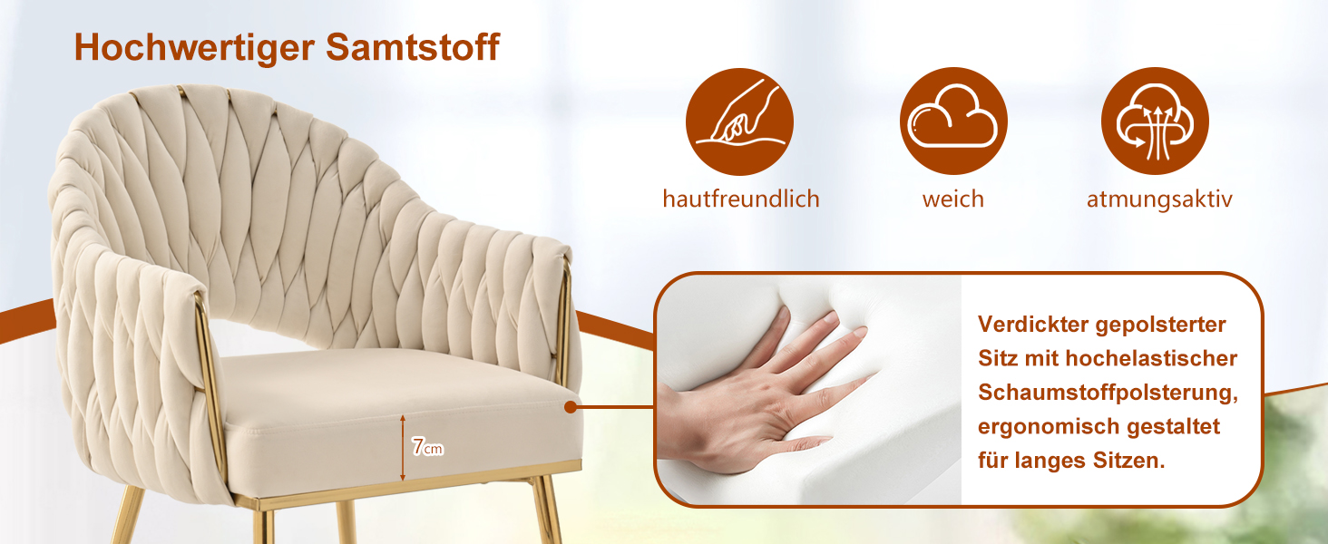 Набір з 2 обідніх стільців Samt, крісла для вітальні, стільці для кухні з підлокітниками, стільці для макіяжу з золотими ніжками, стільці для балкону білого кольору