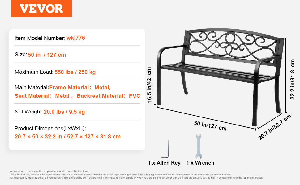 Металева лавка для саду та тераси VEVOR, 1163 мм, міцна лавка на 3 особи з підлокітниками та спинкою, вінтажний дизайн, 218 кг, 52,7 x 127 x 81,8 см