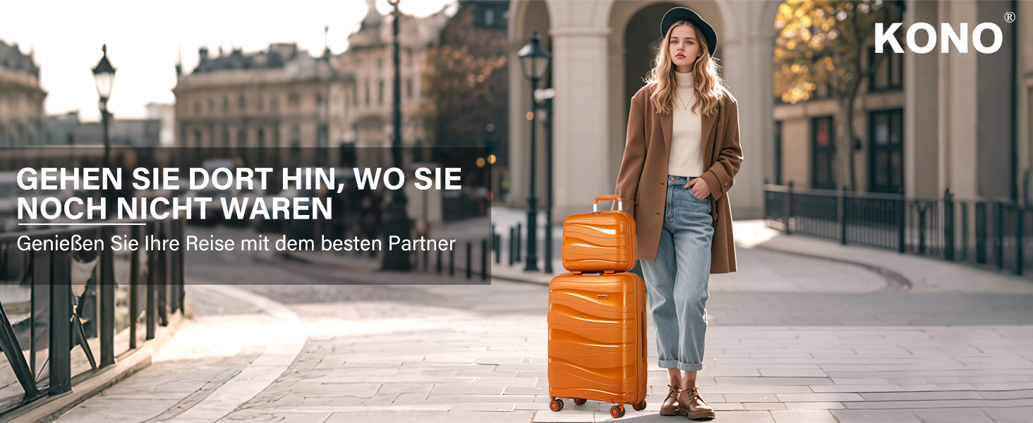 Набір валіз KONO 2 шт: ручна валіза-тележка 55 см + косметичка з поліпропілену, колір помаранчевий